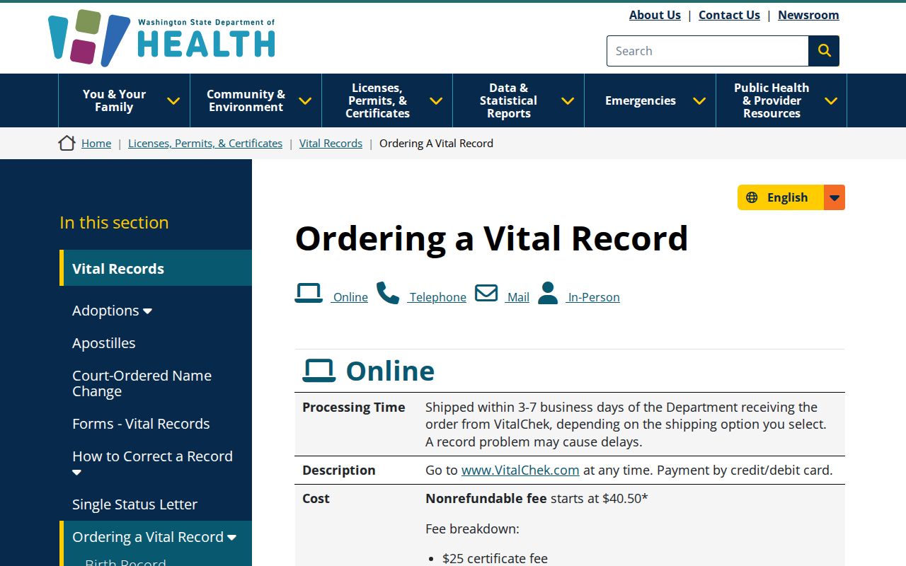 Olympia resident lookup through Washington vital records ordering